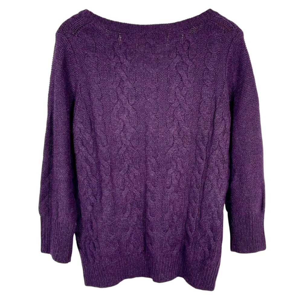 LOFT Purple Cable Knit Sweater XL Wool Blend Cozy Textured Pullover - Picture 3 of 9